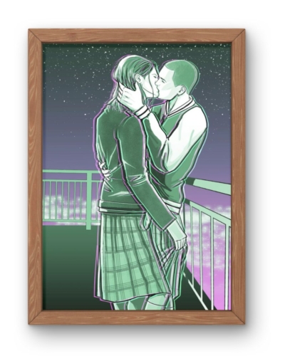 Lámina beso Duelo en las Highlands, de Nisa Arce, novela de romance LGBT enemies to lovers, ilustración de Adela Aragón