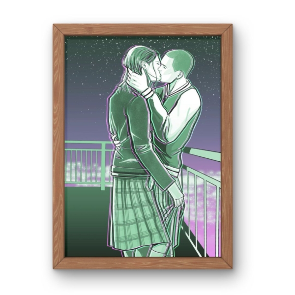 Lámina beso Duelo en las Highlands, de Nisa Arce, novela de romance LGBT enemies to lovers, ilustración de Adela Aragón