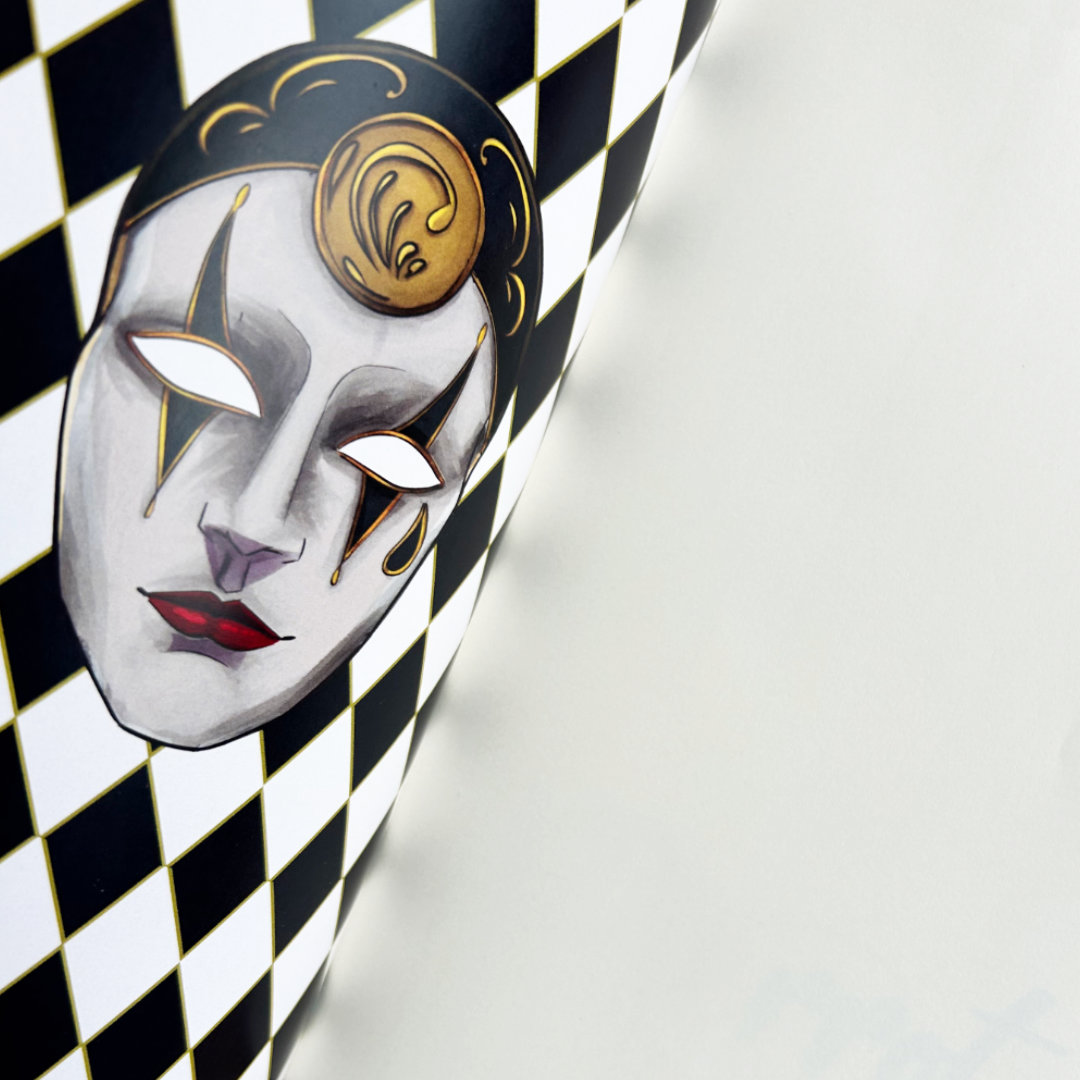 Pierrot, novela de romance LGBT contemporáneo con diferencia de edad y misterio en Italia, edición especial limitada a color y dedicada, detalle del interior de cubierta