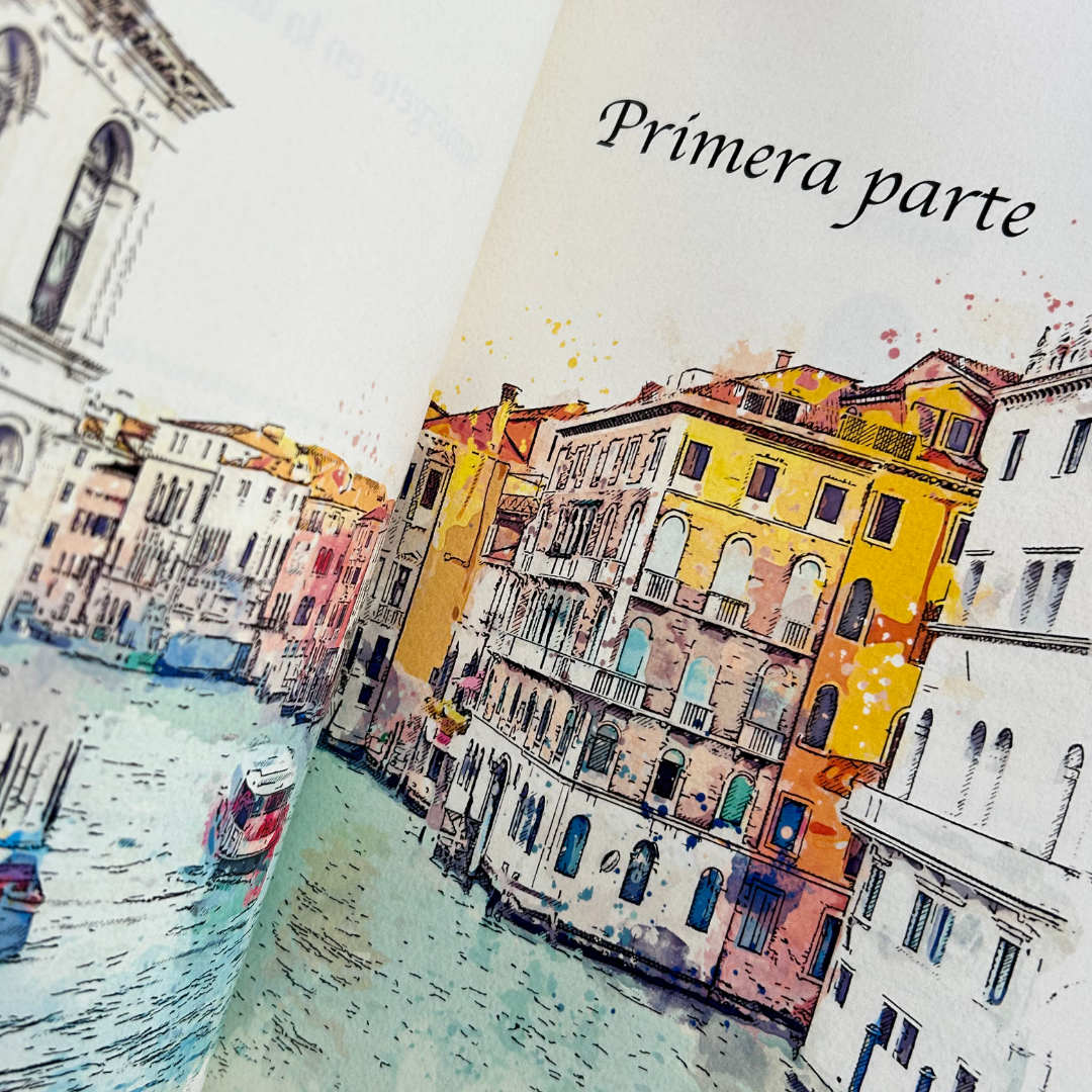 Pierrot, novela de romance LGBT contemporáneo con diferencia de edad y misterio en Italia, edición especial limitada a color y dedicada, detalle de páginas interiores a color
