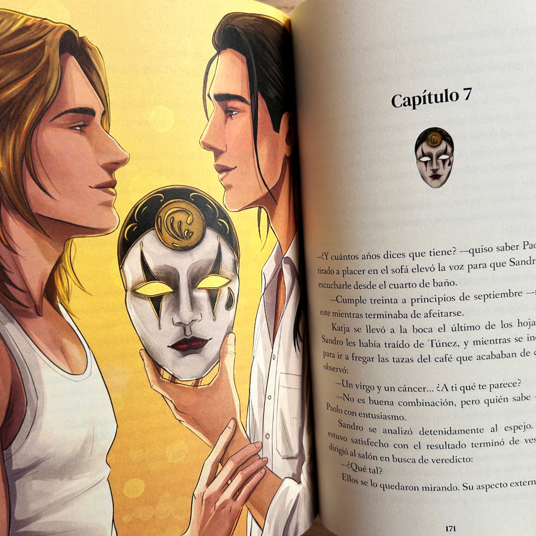 Pierrot, novela de romance LGBT contemporáneo con diferencia de edad y misterio en Italia, edición especial limitada a color y dedicada, detalle de ilustración interior a color