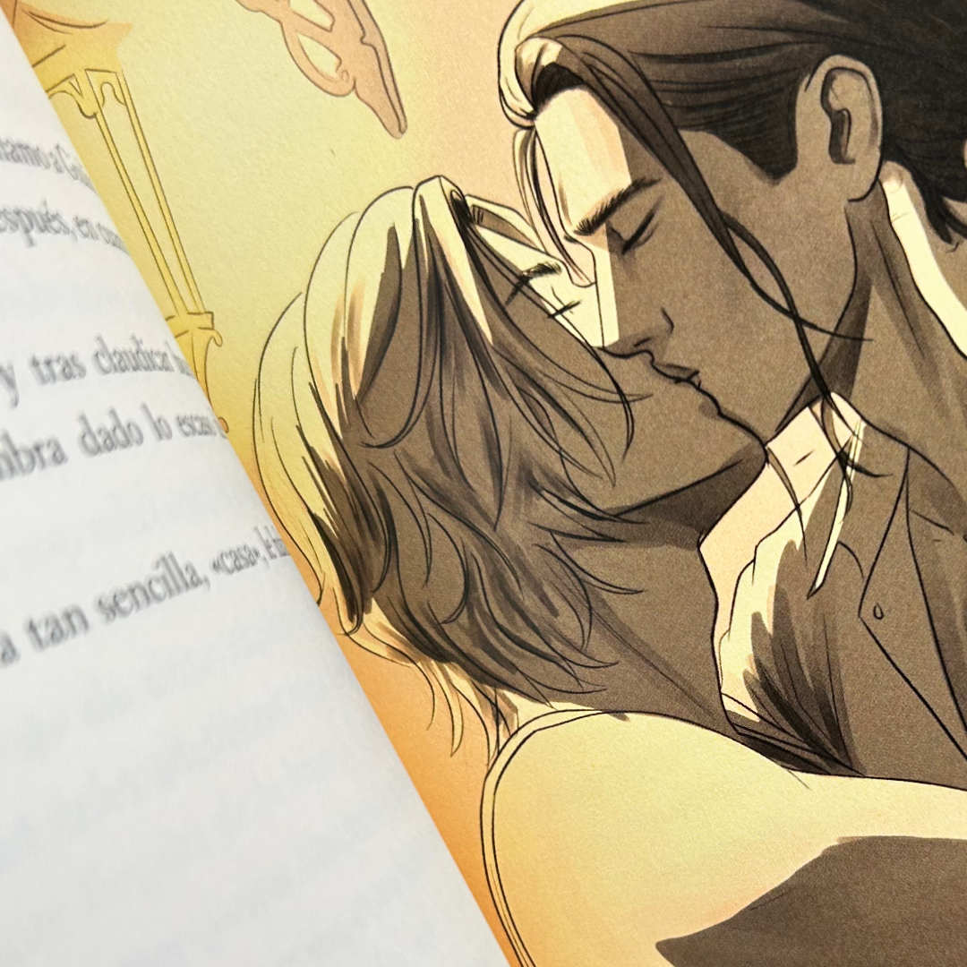 Pierrot, novela de romance LGBT contemporáneo con diferencia de edad y misterio en Italia, edición especial limitada a color y dedicada, detalle de ilustración interior a color