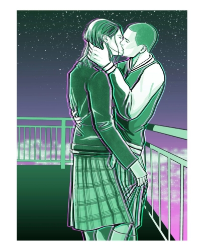 Postal beso Duelo en las Highlands, de Nisa Arce, novela de romance LGBT enemies to lovers, ilustración de Adela Aragón