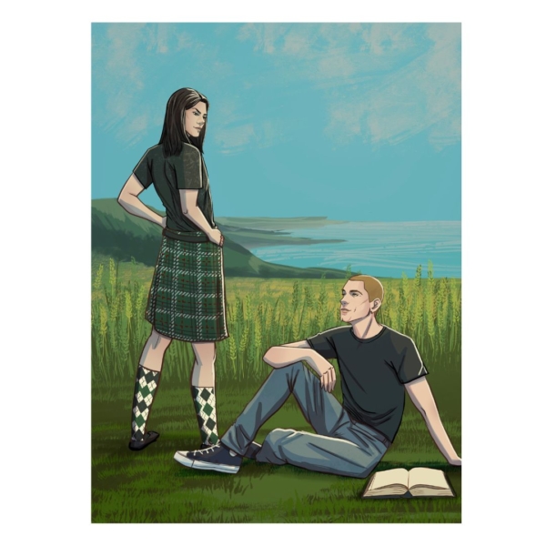 Postal portada Duelo en las Highlands, de Nisa Arce, novela de romance LGBT enemies to lovers, ilustración de Adela Aragón