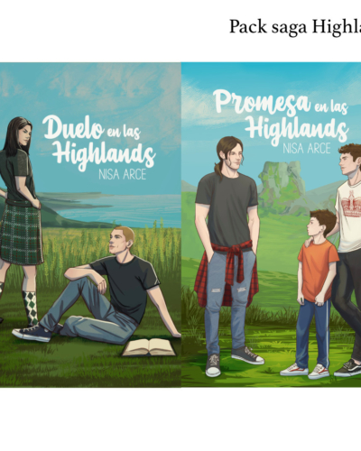 Pack de la saga Highlands con las portadas de Duelo en las Highlands y Promesa en las Highlands, novelas de romance gay contemporáneo ambientadas en Escocia.
