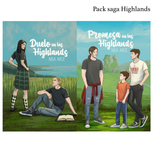 Pack de la saga Highlands con las portadas de Duelo en las Highlands y Promesa en las Highlands, novelas de romance gay contemporáneo ambientadas en Escocia.