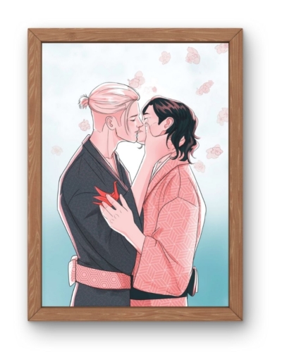 Lámina con la ilustración del beso de El puesto ambulante de Tokio, novela LGBT de Nisa Arce