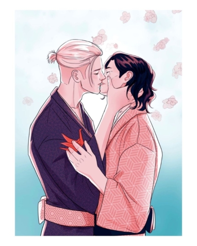 Postal con la ilustración del beso, de El puesto ambulante de Tokio, novela LGBT de Nisa Arce