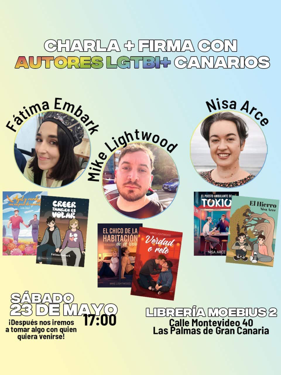 Cartel firma de autores canarios LGBT en Librería Moebius, las Palmas de GC