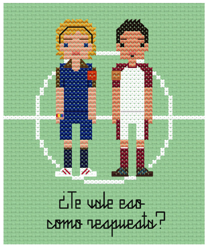 Patrón gratuito a punto de cruz de Dani y Mateo, de Las reglas del juego, novelas de romance LGBT deportivo de Nisa Arce, elaborado por Lupe Ballester